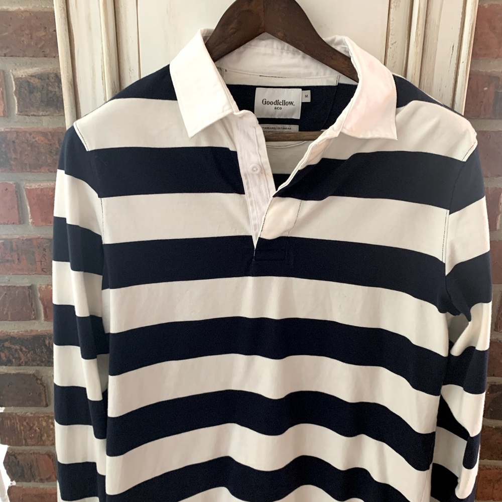 Men’s long sleeve rugby style navy and white shirt